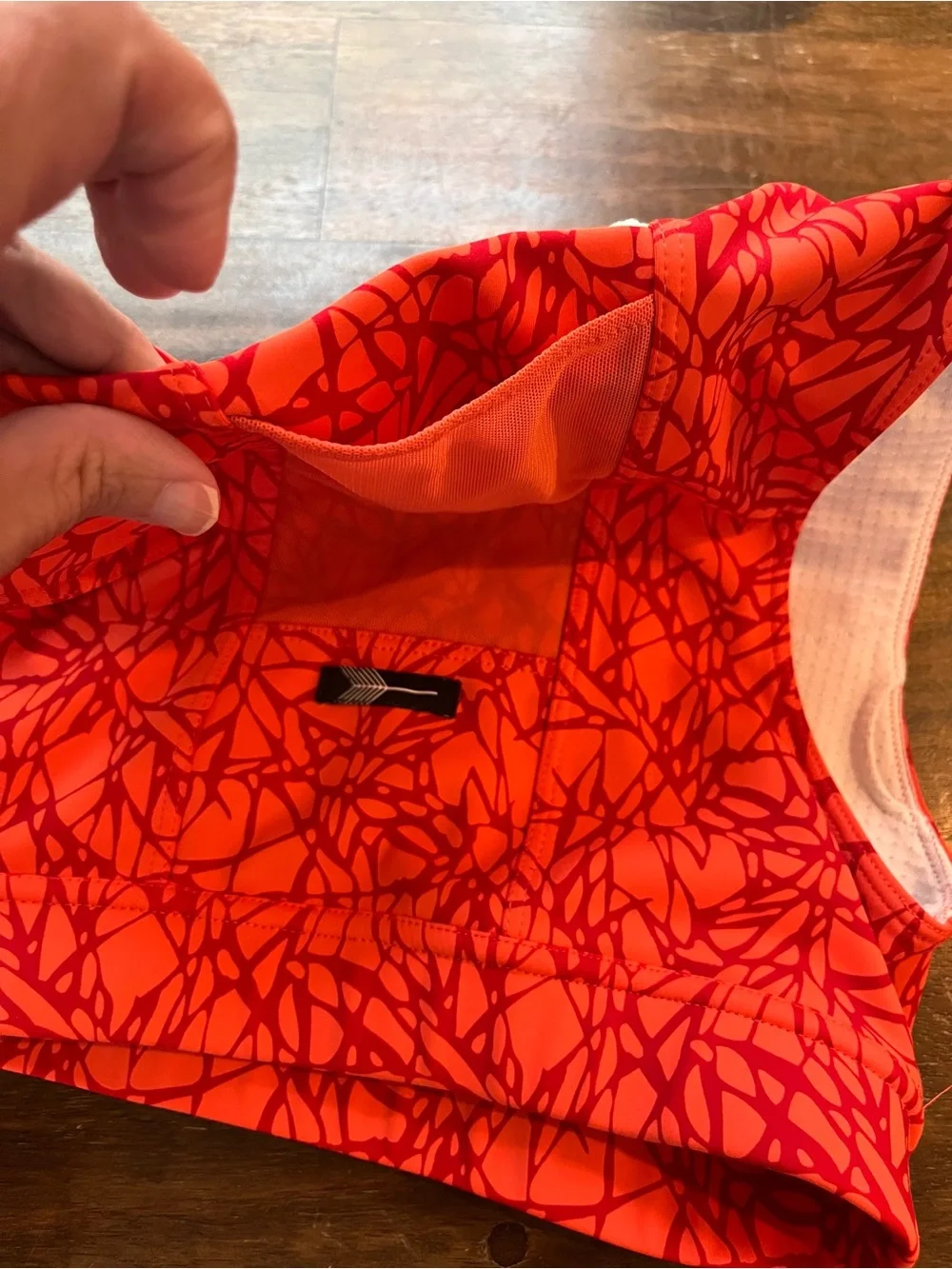 oiselle Flyout Bra Orange with Red Patterned Sports Bra